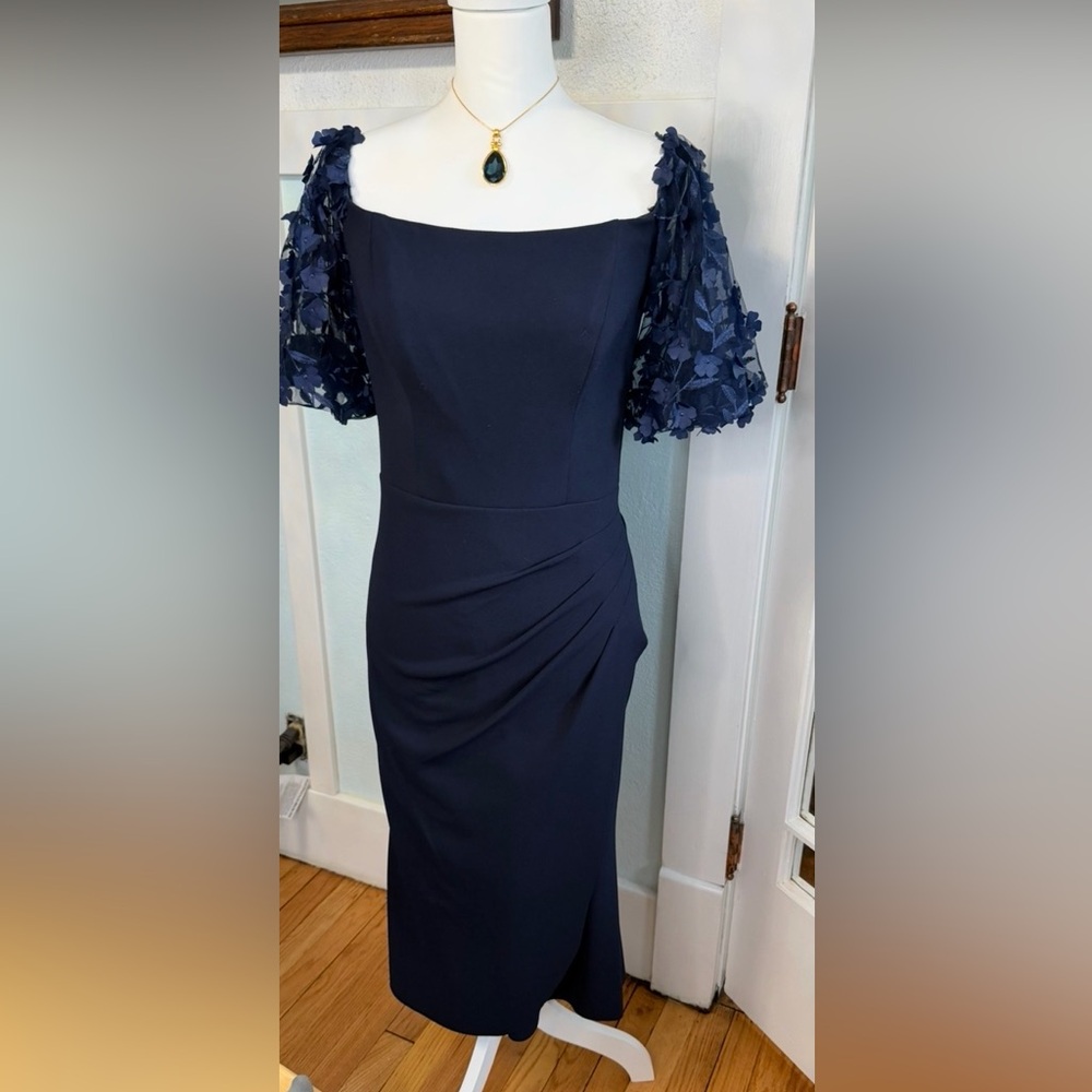 Xscape Midnight Blue/Navy Off-Shoulder Gown 
Flower Sleeve Crepe size 6